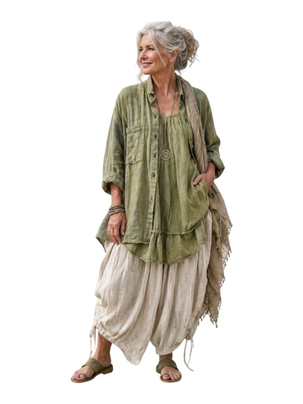 Kleen women’s Linen/Cotton Blend Button-Down Shacket, Olive Green, Lagenlook, M